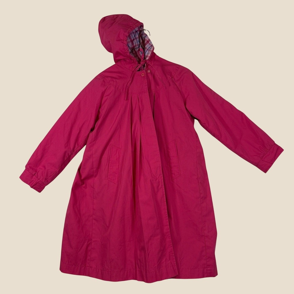 London Fog Magenta Pink Hooded Trench Coat  Pleated Back Vintage 12